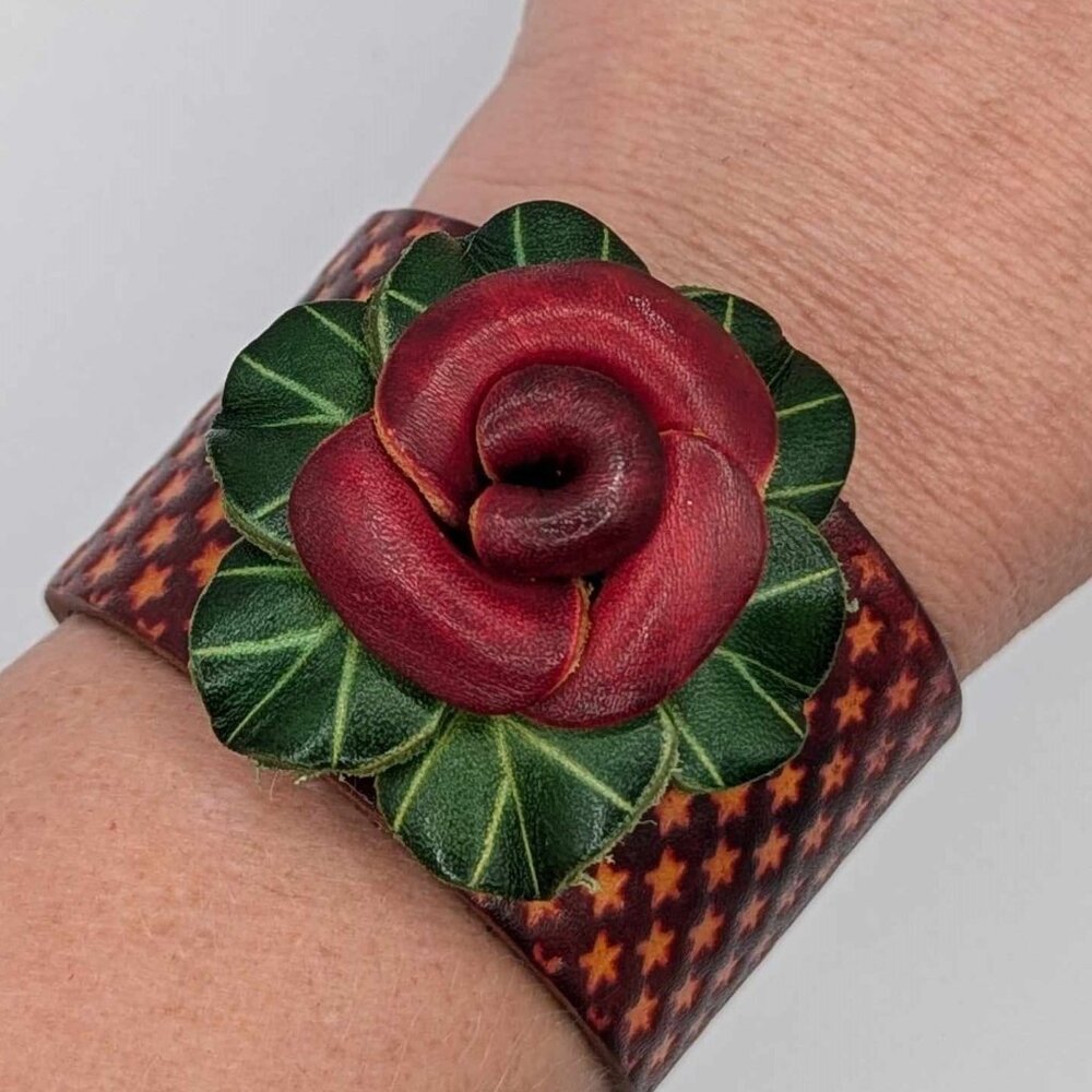 New handmade leather rose bracelet with snap closure -  8 inches long